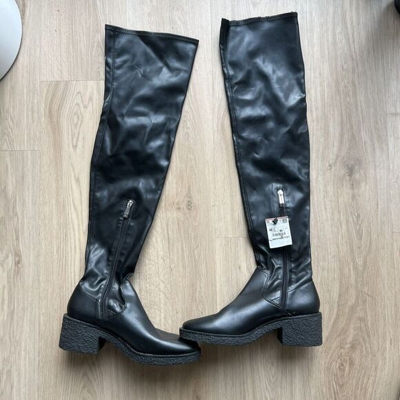 Zara Chunky Over The Knee Black Boots Faux Leather Size 40 US 9 - Picture 2 of 11